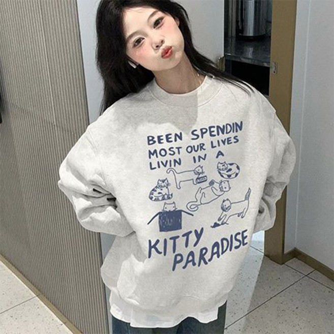 Skyciky 여자 라운드넥 맨투맨 루즈핏 고양이 프린트 캐주얼 상의 FF1083