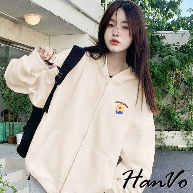 HanVo 黃色小花加絨連帽外套 保暖寬鬆拉鍊外套 韓系女裝