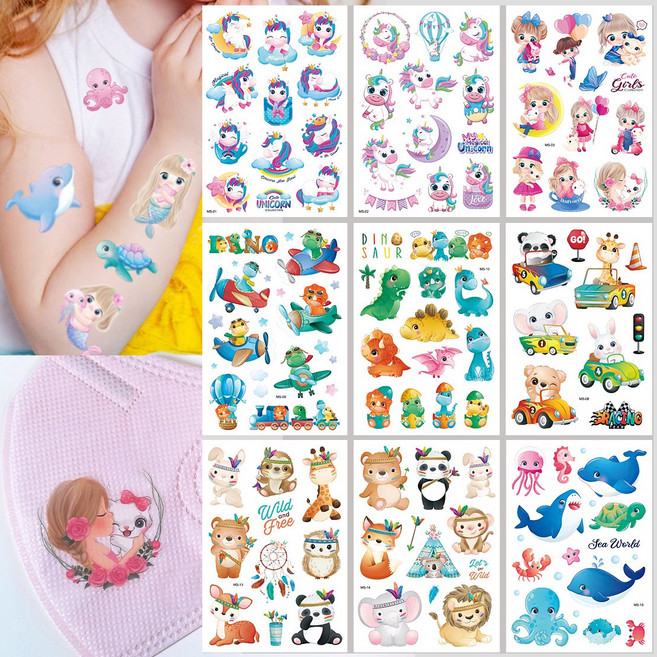 (KC인증) 포우니 어린이 타투 (9장) - 워터파크 타투 인어 유니콘 공룡 몬스터 캠핑 타투, 남아 세트, 9개