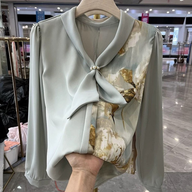 COSYEVNO 중년 엄마 셔츠 가을 브이넥 긴팔 블라우스 감령 중년 스타일리시 슬림핏 zjymmcs1