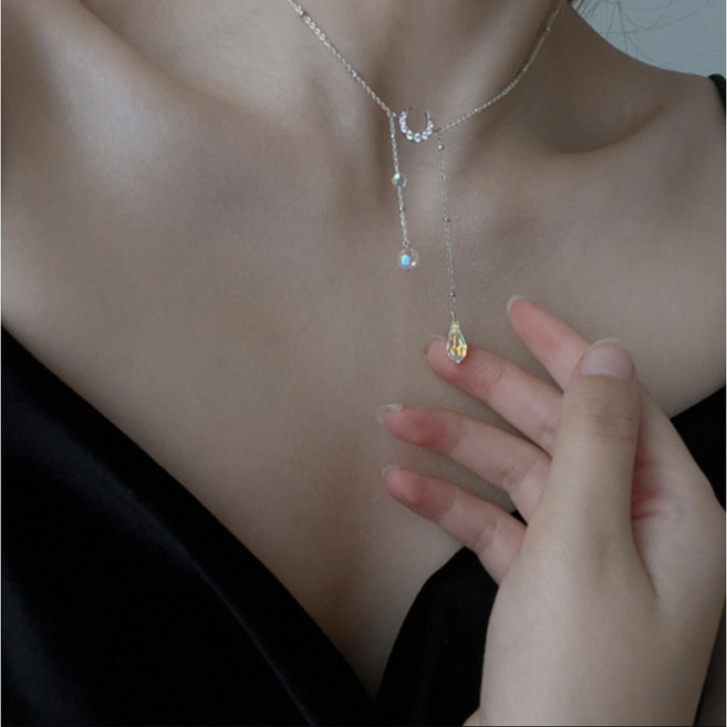 [925 Silver] 문 라이트 실버 목걸이 고급 달 모양 드롭 비즈 악세사리