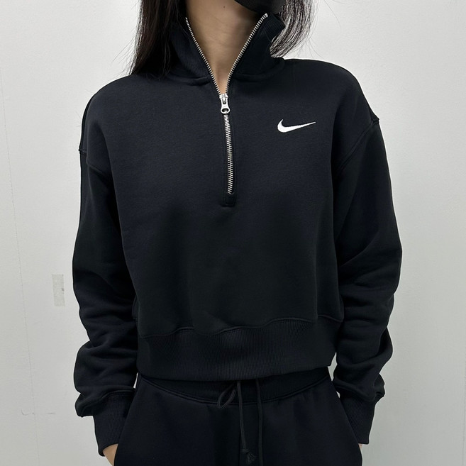 나이키 NSW 여성 맨투맨 크롭 오버핏 플리스 하프 집업 긴팔 스웨트 셔츠 블랙