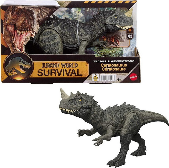 Mattel 쥬라기 월드 와일드 로어 케라토사우루스 공룡 액션 피규어 장난감 씹는 공격 조명 기능 및 포효 사운드 디지털 플레이를 위한 스캔 코드, Ceratosaurus