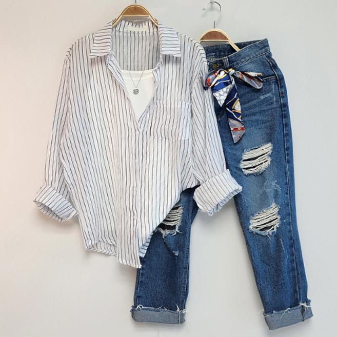 스카이코코 여성 스트라이프 셔츠 소매 롤업 거즈 남방