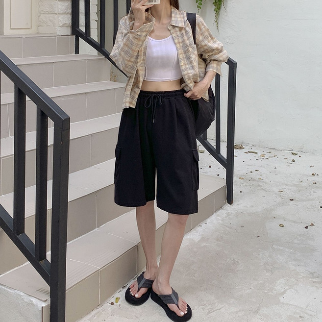 앤샵 남녀공용 카고 버뮤다 트레이닝 팬츠 와이드 5부 밴딩 반바지(3color) 국내생산