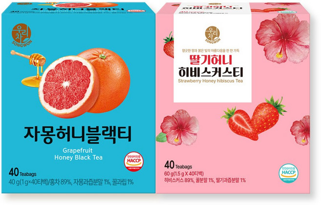우리차 자몽 허니 블랙티 40티백+딸기 허니 히비스커스티 40티백