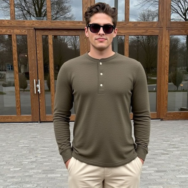 [펜타온] 와플조직 3버튼 스탠다드 아미핏 긴팔 라운드 티셔츠