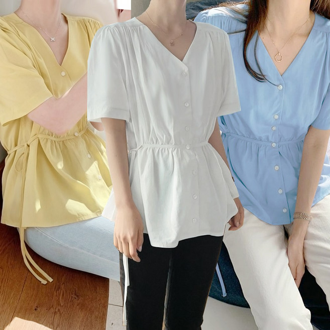포마인 브이넥 반팔 퍼프소매 셔링 블라우스 허리 랩 리본 프릴 루즈핏 여름 정장 데일리 출근룩