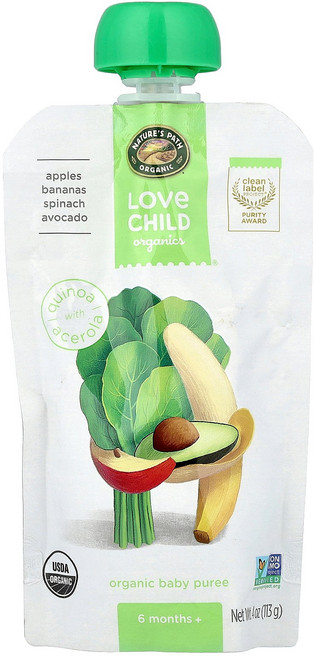 Love Child Organics Nature's Path 유기농 베이비 퓨레 생후 6개월 이상 사과 바나나 시금치 아보카도 113g(4oz) Organics, Love Child Organics, Nature's, 1