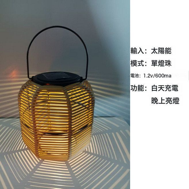 戶外太陽能庭院燈藤條竹編燈籠復古掛燈陽臺裝飾氛圍小夜燈, 圓形燈珠款:一個