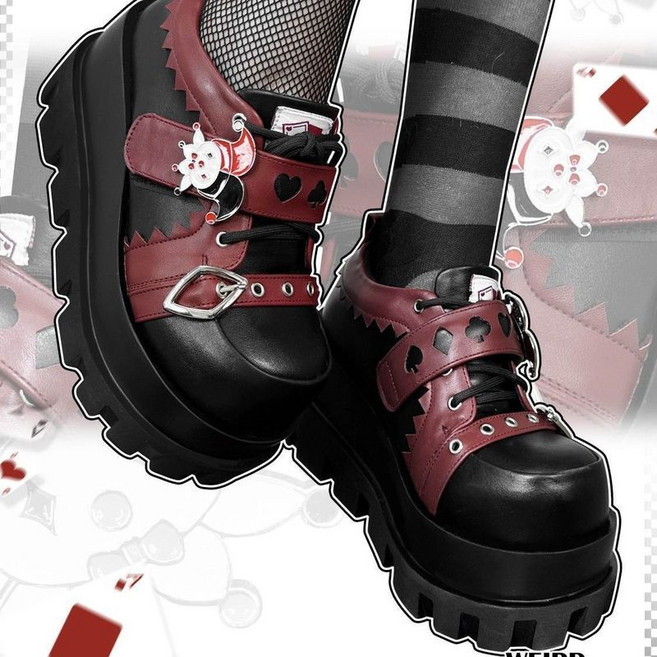 gururu 黑色厚底鞋 Lolita小皮鞋, 紅色