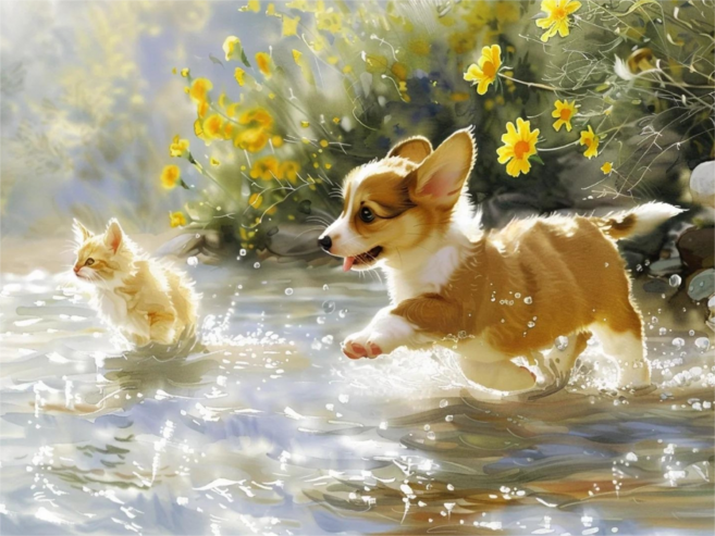 웰시코기 비숑 쉬운 조각퍼즐 귀여운 강아지 퍼피 캐릭터즈 컬렉션 직소퍼즐 300 500 700 1000 1500피스, 1000피스(퍼즐유액없음), 06번 물 밟은 웰시코기, 1개