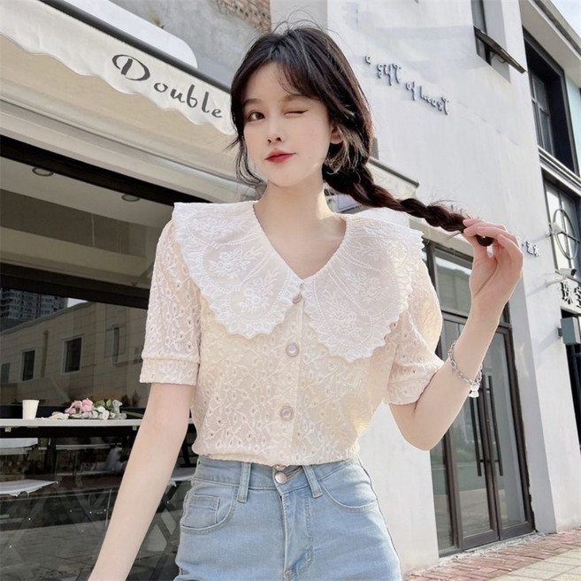 AURALA 여성용 여름 루즈핏 카라넥 반팔티 예쁜 레이스 펀칭 블라우스