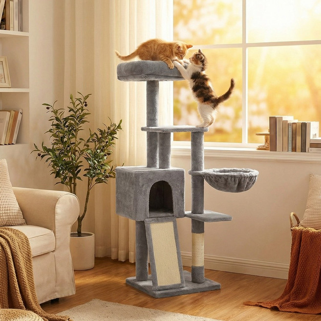 FEANDREA 튼튼한 다기능 고양이 캣타워 스크래쳐 탑 라운지 숨숨집 해먹, 1개, 그레이