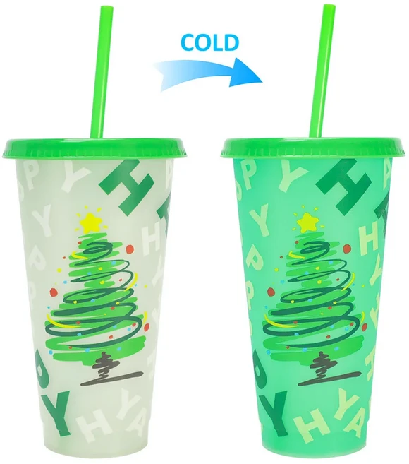 크리스마스 색상 변하는 플라스틱 빨대컵 산타 디자인 재사용 가능한 뚜껑 있는 파티용 아이스 음료 선물, 01 Green Tree