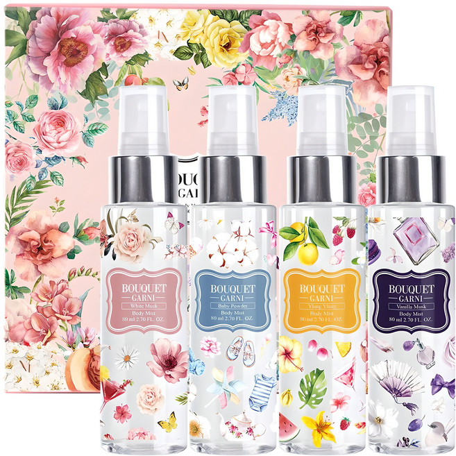 부케가르니 바디미스트 기프트 세트 화이트머스크+베이비파우더+일랑일랑+바닐라머스크, 1세트
