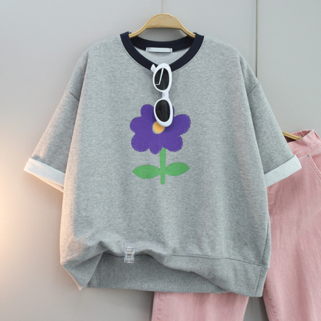 달콩 여성 한송이꽃프린팅칠부맨투맨 여름신상 반팔티