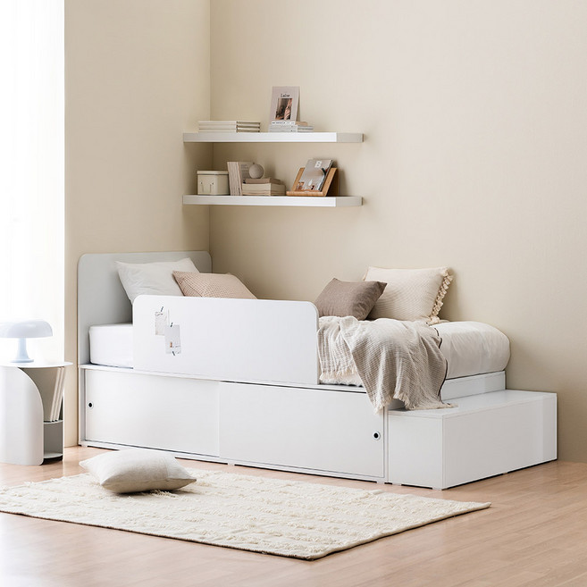 포더홈 스페이서 슬라이딩 벙커 수납침대 SS (440 프레임/계단/가드/베이직헤드 구성)_매트리스 미포함, 크림옐로우