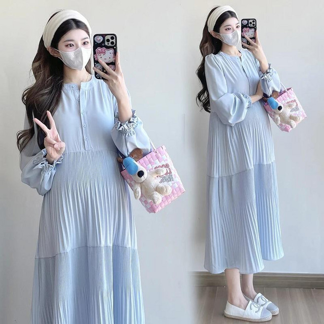 임산부 긴팔 원피스 봄 가을 캐주얼 주름 치마 루즈핏 슬림핏 원피스 패션 데일리 임부복 SJS