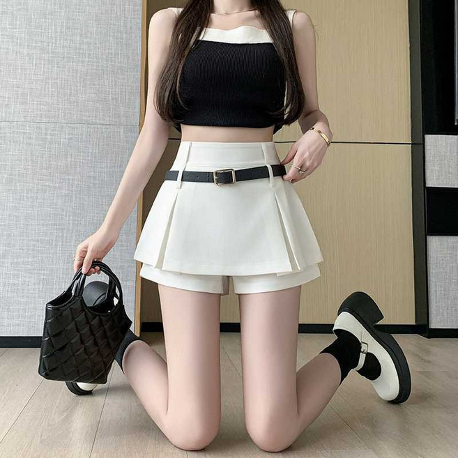 SAHINER 여성 벨트 플리츠 미니스커트 치마바지 캐주얼 여름 ADK29