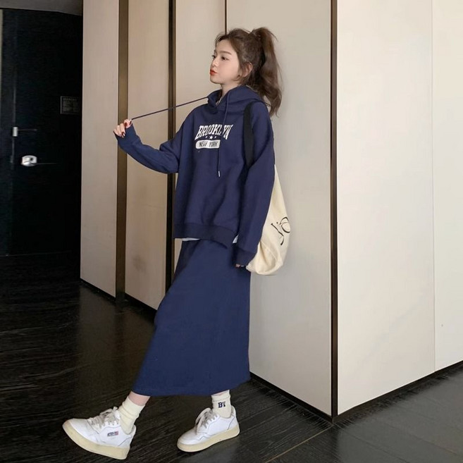 여성 가을 겨울 캐주얼 세트 긴팔 후드 반신 스커트 투피스