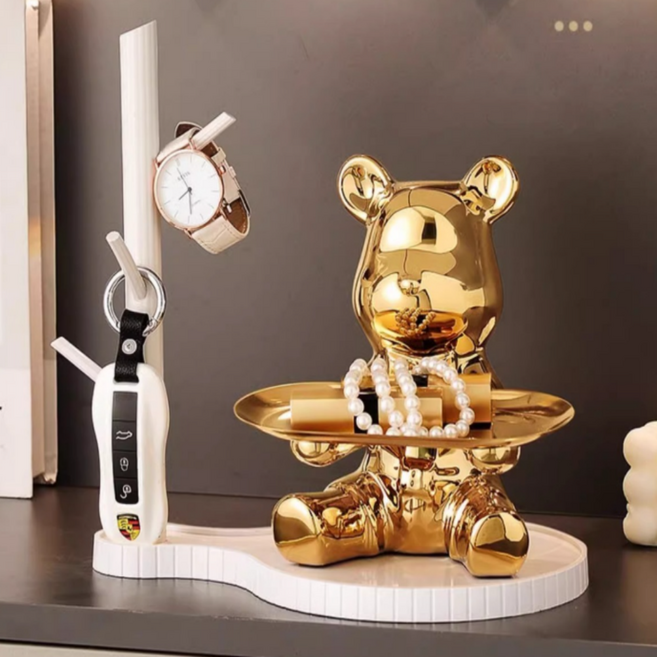 소단 곰돌이 디자인 현관 열쇠 악세서리 차키 보관 수납 트레이, 골드