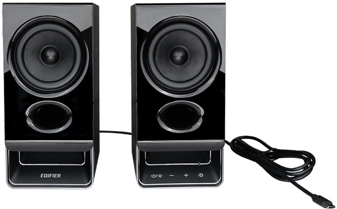 에디파이어 RGB조명 AUX 입력 블루투스 6.0 USB-C 헤드폰 마이크 입력포트 작은 간편터치 노트북 데스크탑게임용 스피커, 블랙, R20BT