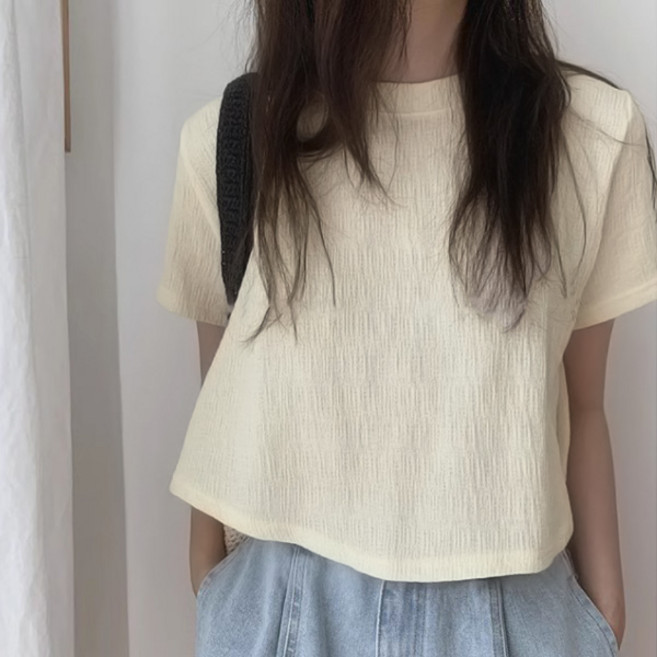 라라홀리 언밸런스 플레어 루즈핏 크롭 반팔티 블라우스