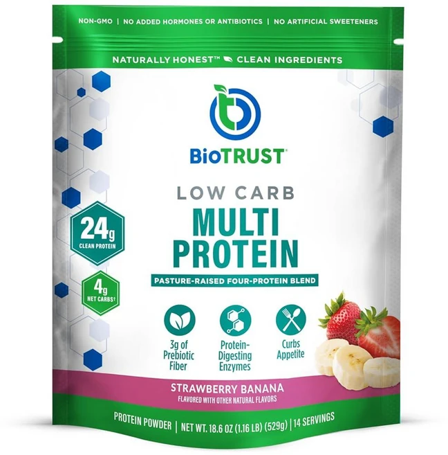 193016 BioTRUST 바이오트러스트 저탄수화물 단백질 파우더 20oz 유청 카제인 블렌드 글루텐 카페 모카, 스트로베리 바나나, 14회 분량(1개입), 529g - 쿠팡