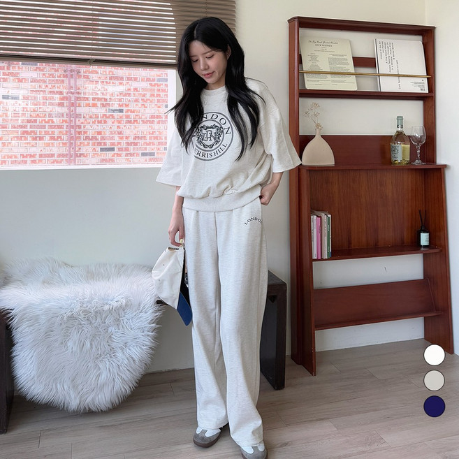 디테일웨어 여성 런던 레터링 반팔 트레이닝세트 라운드넥 맨투맨 밴딩 와이드팬츠 오버핏 여자츄리닝 키작녀 운동복