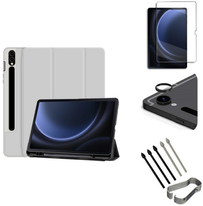갤럭시탭S9 S9플러스 S9울트라 FE S펜수납 호환 북커버 케이스 강화유리 보호필름 케이스나라 S9+ ULTRA, 그레이