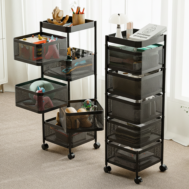 라즈웰 이동식 트롤리 수납함 회전 철제 수납장, 블랙, 5단