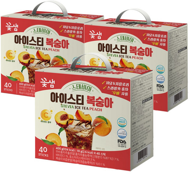 꽃샘 스테비아 아이스티 복숭아, 3개, 40개입, 10g