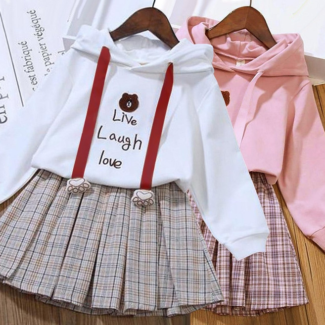 알럽베이비 여아 후드 긴팔티 + 치마 세트 상하복 귀여운 캐릭터 봄 가을 티셔츠 정장 체크 테니스치마 스쿨룩
