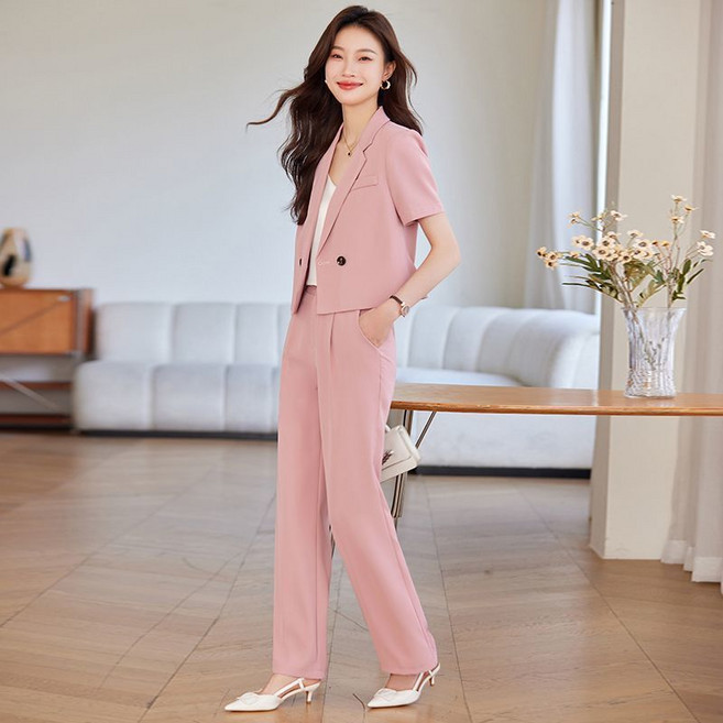 여성 여름 슬림핏 반팔 숏자켓 와이드 팬츠 정장세트 블레이저 일자바지