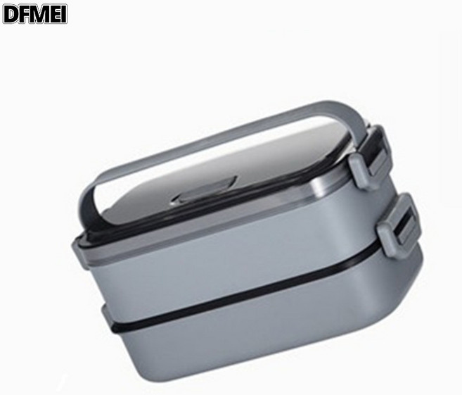 DFMEI 304不鏽鋼飯盒學生雙層PP便當盒午餐盒食品沙拉容器微波, 1個, 灰色:三層(不鏽鋼內膽)