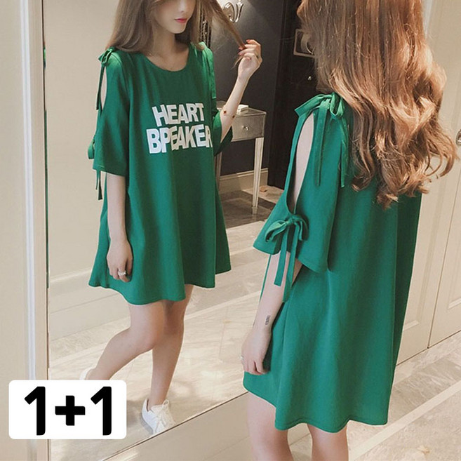 JUSTFEELING 1+1 어깨트임 레터링 반팔티셔츠 오버핏 티셔츠 원피스 데일리 리본 프린팅 롱티