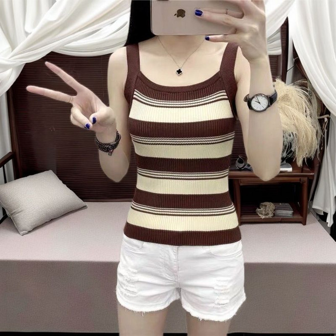 메인워크 여성 민소매 나시 티셔츠 봄가을 스트라이프 나시 이너 니트 슬림핏 고급 섹시 심플 아우터 티