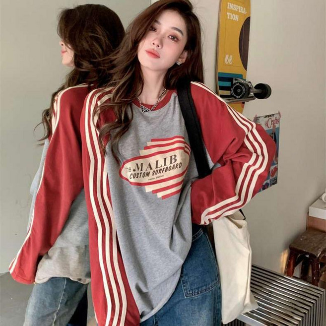 Skyciky 투톤 색상 배색 긴팔 티셔츠 여성 봄가을 루즈핏 복고풍 기본 상의 MD638