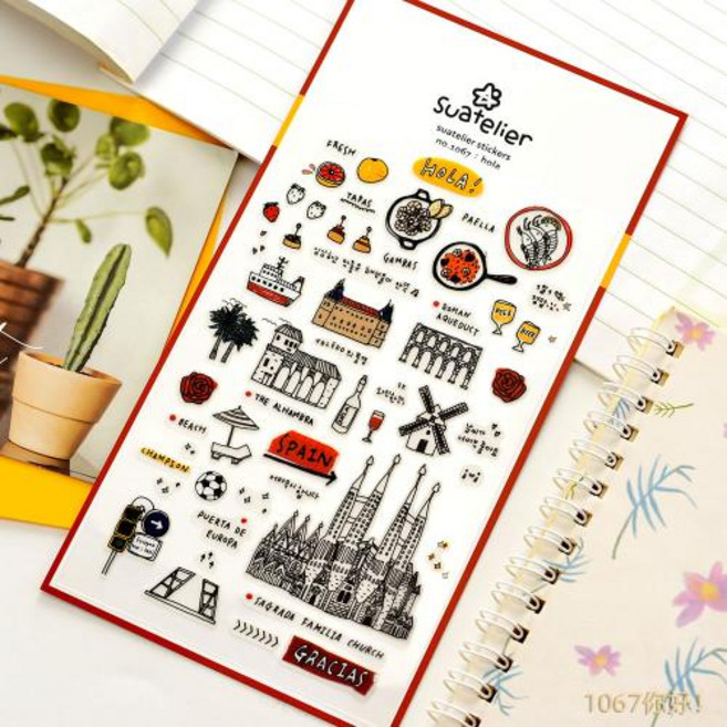 다꾸스티커 다이어리스티커 꾸미기스티커 Suatelier City 한국 스크랩북 DIY 데코 정크 저널 용품 플래너 일기 사진 앨범 공예 재료, 7)Hola