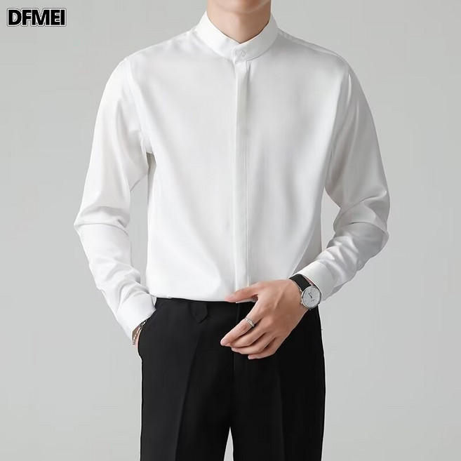 DFMEI 設計感痞帥新中式立領襯衫男長袖春秋季韓版潮流休閒寬鬆垂感襯衣