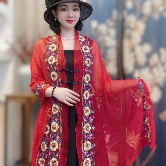 good 圍巾 重工刺繡長巾絲巾旅遊拍照絲巾遮陽防曬披肩外搭