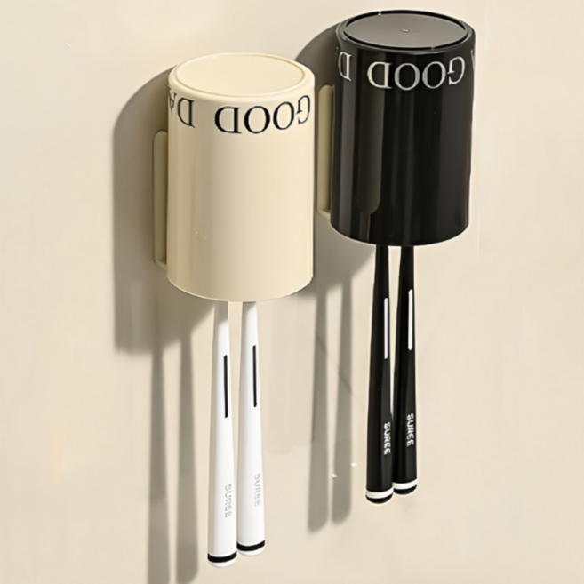 에이솜 양치컵 치솔걸이 거치대 칫솔 거치대 칫솔꽂이 무타공 칫솔걸이, 1세트, 블랙 + 크림
