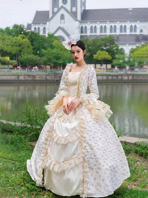 중세 드레스 뮤지컬 레트로 코스튬 의상, 화이트 플로럴
