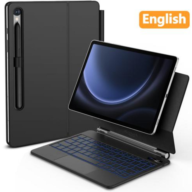 매직 키보드 독거미 무선 한국어 삼성 탭 S7 Plus S8 S9 FE 11 용 12.4 인치 트랙 패드 백라이트 플로팅 펜 홀더가있는 조절 가능한 각도, 12.4인치, 1개
