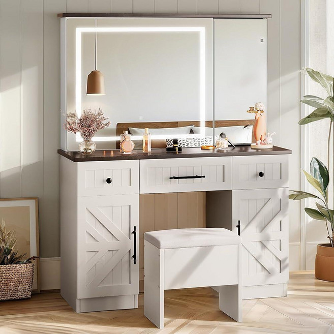 YITAHOME Farmhouse Vanity Set Makeup Desk with Large Adjustable Lighted Mirror Hidden Storage D, YITAHOME Farmhouse Vanity Set,