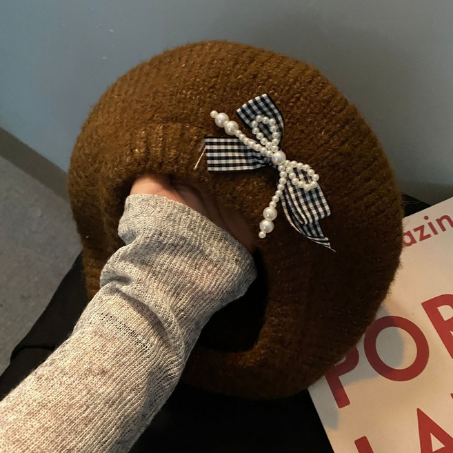 2025년 가을 - 겨울 모자 따뜻한 대머리 한국 스타일 달콤한 리본 여성용 니트 울 모자 다양한 스타일과 어울리는 캐주얼한 가을 - 겨울 베레 모자 모자에 리본 여성용