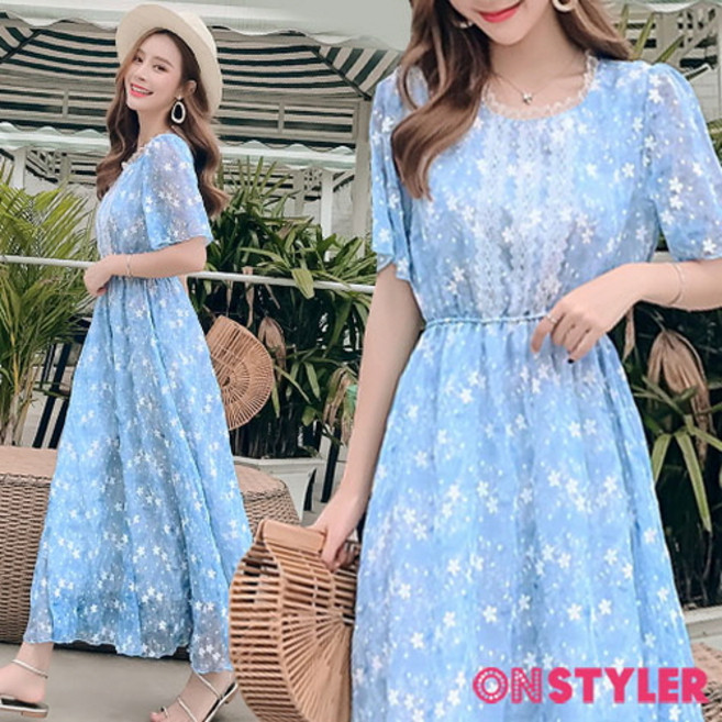 뉴욕멋쟁이 별 플라워 블루 쉬폰 롱원피스