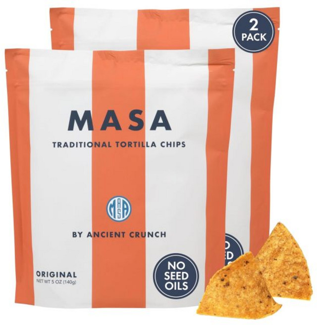 베지터블 비건 과자 스낵 Ancient Crunch 마사 또띠아 칩 스낵팩 씨앗 기름 무첨가 간식 글루텐 및 유제품 자연 재배 옥수수 풀을 먹인 송아지 기름과 바다 소금으로 됨, 오리지널 옐로우, 5온스 (2팩)