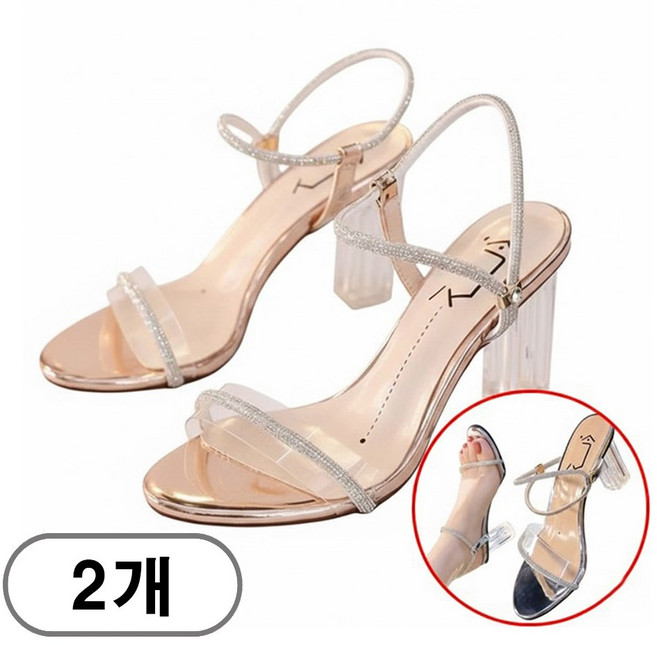 차쿠 1+1 여성 스트랩 큐빅 하이힐 샌들 투명 클리어 굽 시원한 샌들 굽7CM